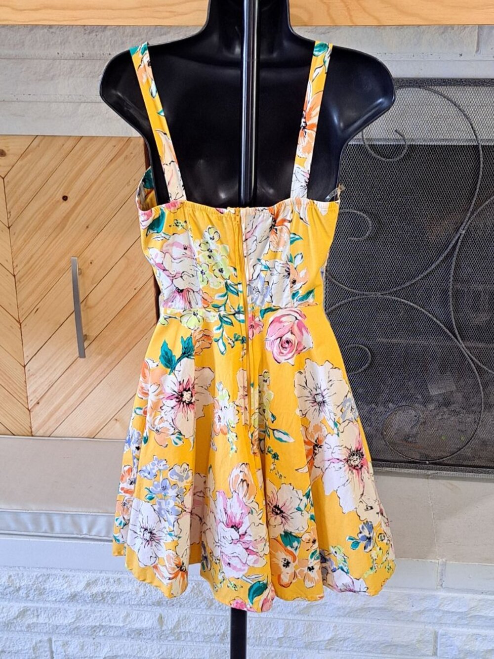 Yellow Floral Sundress Sweetheart Neckline Tulle Lining Womens Summer Dress S - Picture 5 of 14